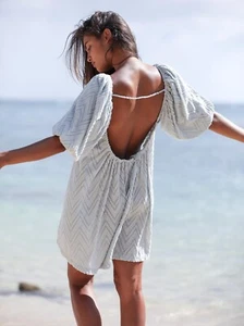 NEW FREE PEOPLE BEACH M WAVY BABY GOT BACK TUNIC MINI DRESS COVER UP POLAR FOG - Picture 1 of 3