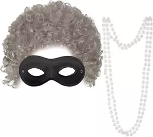 Grey Afro, Mask & Pearls Granny Set World Book Day Fancy Dress 3pc Old Lady Set - Picture 1 of 4