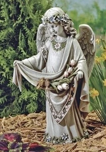 SERENE ANGEL WITH BIRDS AND FLOWERS GARDEN STATUE - Picture 1 of 1