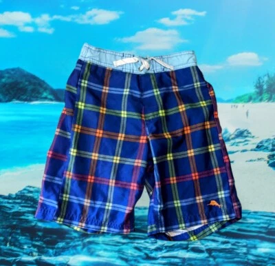 TOMMY BAHAMA Relax Boys Blue Plaid Board Shorts Swim Trunks Size Medium  - Image 1 of 4