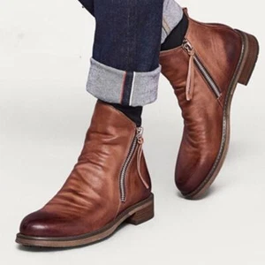 Men Double-Side Zipper Faux Leather Military Combat Boots Non-Slip Chelsea Boots - Picture 1 of 16