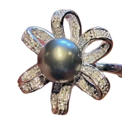 Anillo de perlas negras y diamantes de oro blanco de 10K, tamaño 7, 4,64 g, vintage Foto 1 de 4