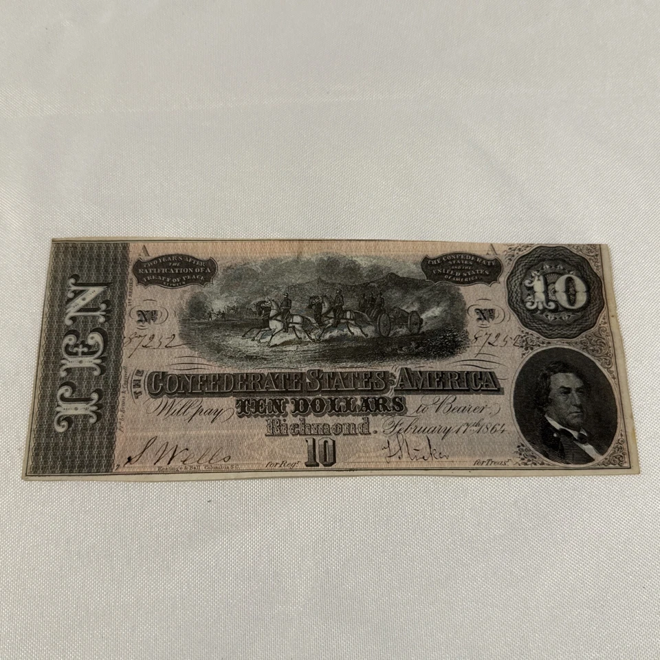 1864 Ten ($10) Dollar Bill CSA Note Confederate States of America Richmond - Image 1 of 4