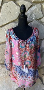 Jade Melody Tam Tunic Top Medium Multicolor Abstract Chiffon On Off Shoulder EC - Picture 1 of 11