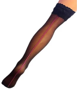 Halterlose Strümpfe schwarz mit rosa Herzchen in Naht-Look transparent Gr S-3XL - Bild 1 von 2