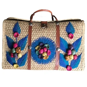 Vtg 60s Straw Beach Bag Tote Woven XL Rattan Flowers Mexico Shopper Retro GoGo - Picture 1 of 12