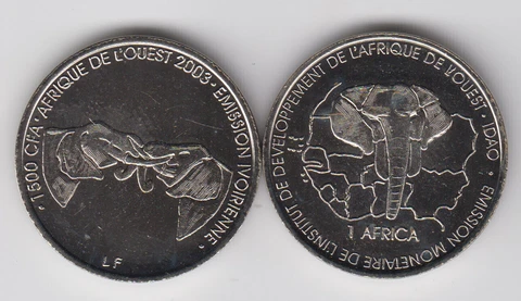 IVORY COAST 1500 CFA 2003 Elephant, unusual coinage Cover