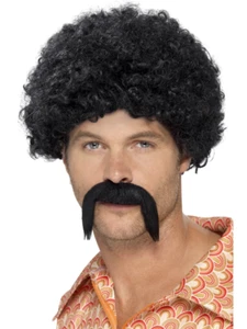Mens 1960s 70s Retro Disco Dirtbag Kit Wig + Tash Fancy Dress Accessory New - Foto 1 di 1