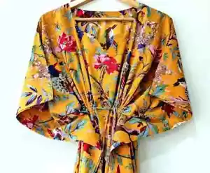 Indian Vintage 100% Cotton Long Beach Maxi Kaftan Dress One Size Caftan Kimono - Picture 1 of 4