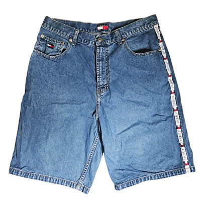 De Colección Tommy Hilfiger Pantalones Cortos de Denim Para Hombre 34 10" Azul Logo Spellout Sueltos Y2K Patín Foto 1 de 4