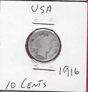 USA 10 CENTESIMI 1916 BARBIERE DIME, TESTA DI LAUREATO DESTRA, DATA AD ANGOLO SOTTO LE SOPRAVE - Foto 1 di 2