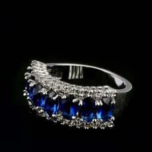 18k White Gold Plated Lab-Created Blue Sapphire & Diamond Band Ring Size 7 - Picture 1 of 9