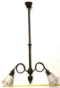 ANTIQUE VICTORIAN REV.DOUBLE CEILING LAMP,BRYANT,BRASS,COPPER,GLASS,40",DOWNROD - Picture 1 of 10