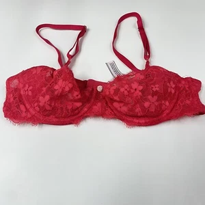 Victorias Secret 34B Pushup Without Padding Bra Unlined Red Floral Lace #0716 - Picture 1 of 10