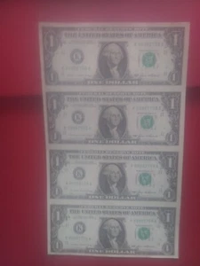1985 $1 Uncut Sheet Dallas K One Dollar Bill 4 Bills Note Currency - Picture 1 of 5