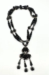 Miriam Haskell Black Glass Double Strand Tassel Choker Necklace  - Picture 1 of 7