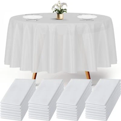 Prestee 24 White round Plastic Tablecloth, 84" Plastic Table Cloth, Disposable T - Image 1 of 2