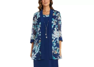 R & M Richards Floral Jacquard Jacket Womens 12 Blue Multi Open Front 3/4 Sleeve - Picture 1 of 16