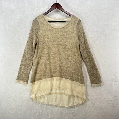 Easel Sweater Womens Medium Beige Knit Ruffle Hem Layered High Low Fringe Boho - Image 1 of 4