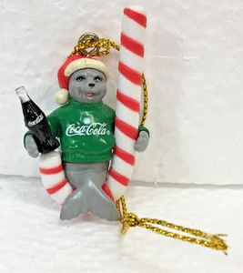 Coca~Cola  SEAL with BOTTLE on CANDY CANE  CHRISTMAS HOLIDAY ORNAMENT - Picture 1 of 6