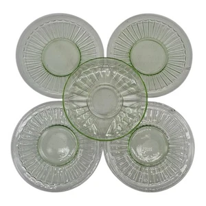 4 Vintage Green Depression Vaseline Glass Dessert Plates & 1 Saucer 6.25” - Picture 1 of 14