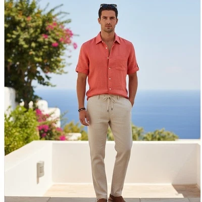 Club Room Luxury Linen Shirt L Men Red Short Sleeve Button Front Summer Casual - Image 1 of 4