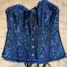 Blue/Black Brocade Ruffled Lace up Corset Bustier