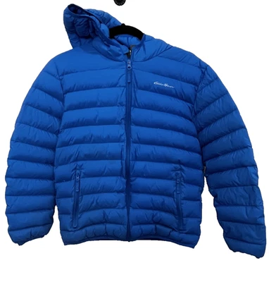 Eddie Bauer Jacket Blue Down Puffer Youth  14 Hooded 75% Down Lightweight  EUC - Image 1 of 4