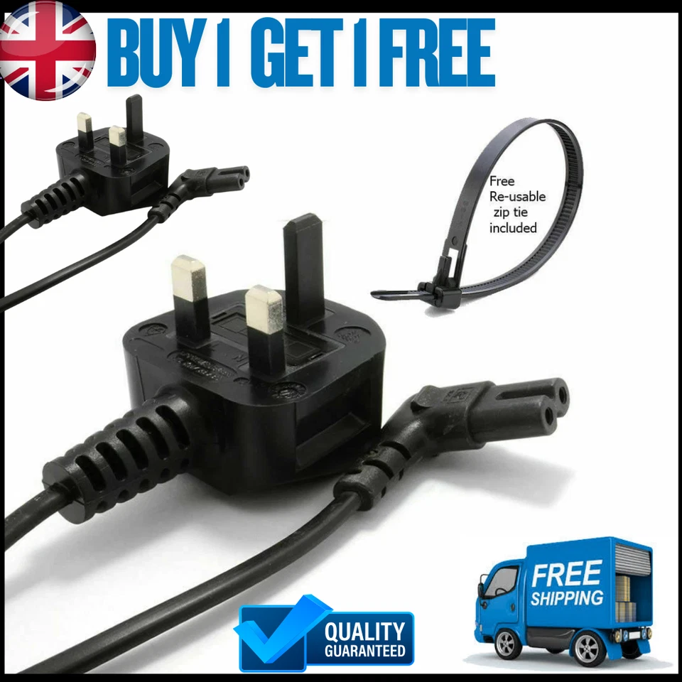 1M KETTLE TRIMMER POWER CORD UK 3 PIN PLUG TO RIGHT ANGLE FIGURE 8 C7 LEAD CABLE - Image 1 of 4