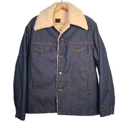 Chaqueta vaquera vintage Sears Roebucks Denim Trucker para hombre 46 R Sherpa forrada azul Foto 1 de 4