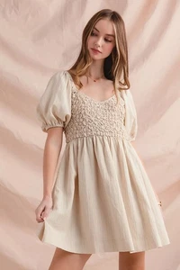 SO ME Textured Woven Daily Dress with Puff Sleeves - Picture 1 of 7