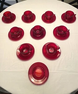 9 sets Paden City "Penny Line" Cups and Saucers +1 Additional Saucer Ruby Red - Picture 1 of 6