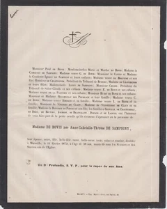 1872 Faire-part décès Mme Paul de BOVIS née Thérèse de REHEZ de SAMPIGNY. - Imagen 1 de 1