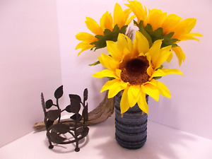 Denim Seams Vase w Bright Sunflowers on Farmhouse Style Heavy Metal Leaf Stand