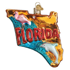 State Of Florida Glass Ornament Old World New with Gift Box Pink Flamingo