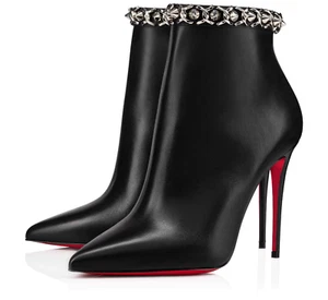 Christian Louboutin Booty Chain 100 Black Calf Leather Ankle Heel Bootie 39.5 - Picture 1 of 12