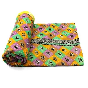 Vintage Kantha Quilt Indian Cotton Bedspread Tropical Bedding Blanket - Picture 1 of 6
