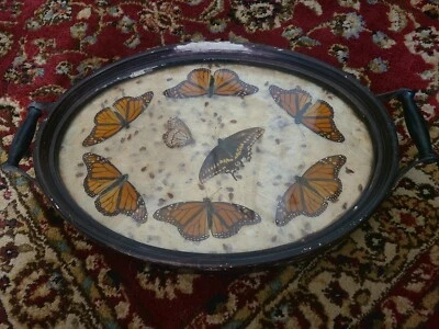 Bandeja para servir de madera antigua con mariposas monarca y malezas lecheras  Foto 1 de 4