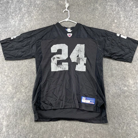 VINTAGE Oakland Raiders Jersey Mens Large Black Charles Woodson 24 Y2K Reebok Cover