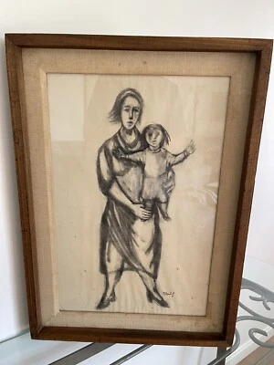 Frank Kleinholz (1901-1987) Modernista Carbón Dibujo Madre e Hijo 1960 Foto 1 de 4