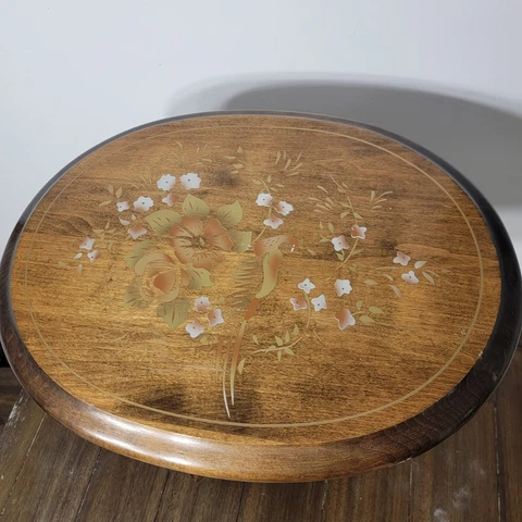 Vintage Wood MCM Gold Floral Oval Tilt-Top Accent End Side Table 19" x 24" Cover