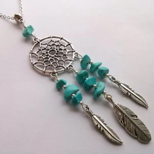 Silver Plate Blue Turquoise Howlite Dreamcatcher Dream Catcher New Age Necklace - Picture 1 of 1
