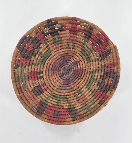 Vintage Colorful African Hand Woven Coil Basket Plate Folk Art Design 10" Flower Cover
