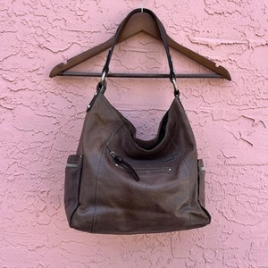Nino Bossi Hobo Bag Taupe Purple Leather Satchel Retro Industrial Flaw - Picture 1 of 7