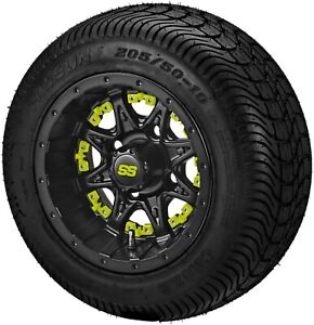 (4) 205/50-10 DOT Tires on 10x7 Matte Black Revenge Wheels With Yellow Inserts