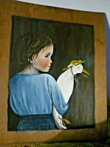 Nancy Noel estilo "EMMA" Niña Amish sosteniendo ganso con sombrero cuadro pintado a mano - Imagen 1 de 5