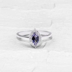 0.53 Ct Iolite & Natural Diamonds Prong Ring 14k Solid White Gold - Picture 1 of 6