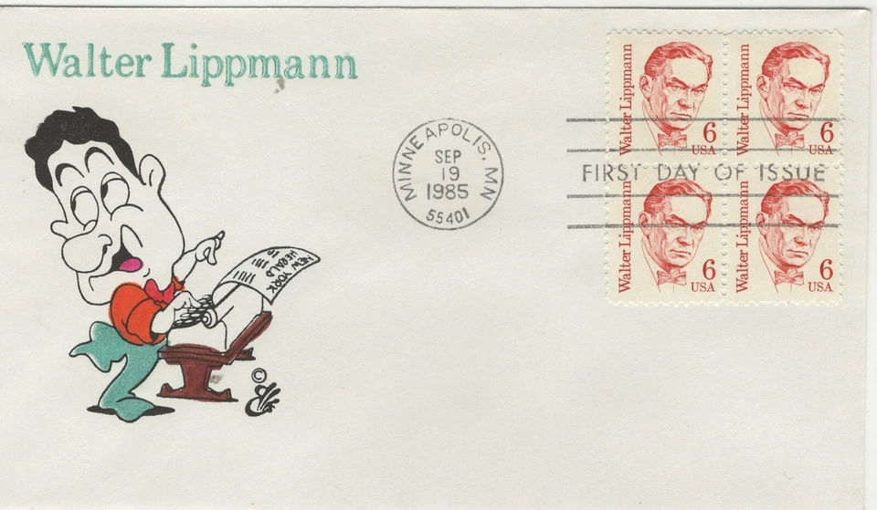 USA 1985 HAND PAINTED RICHARD ELLIS ANIMATED FDC + CACHET WALTER LIPPMANN - Image 1 of 1