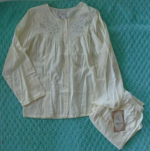 NOS BARBIZON Women's Small Cream Yellow Satin Beaded Embroidered Pajama Set Vtg - Picture 1 of 12