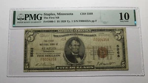$5 1929 Staples Minnesota MN National Currency Bank Note Bill Ch #5568 VG10 PMG - Picture 1 of 4